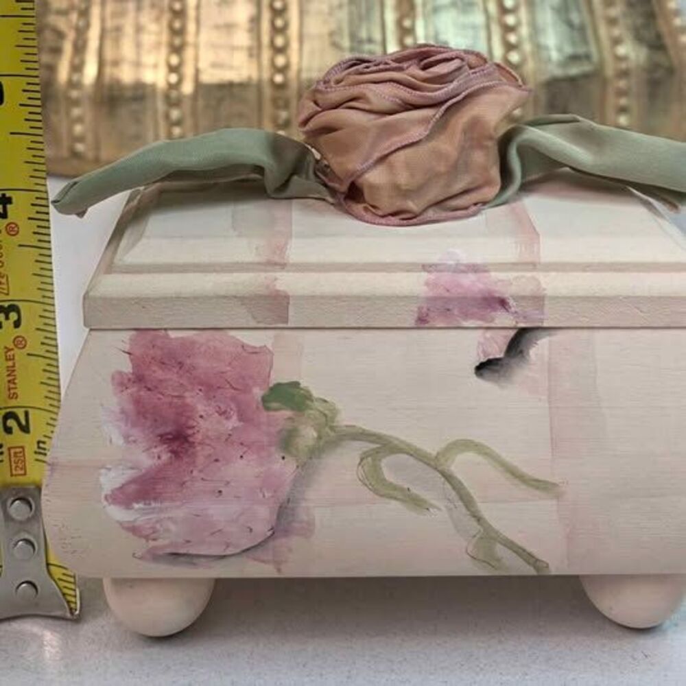 Vintage Pink Shabby Chic Handpainted Floral Wood Trinket Box
